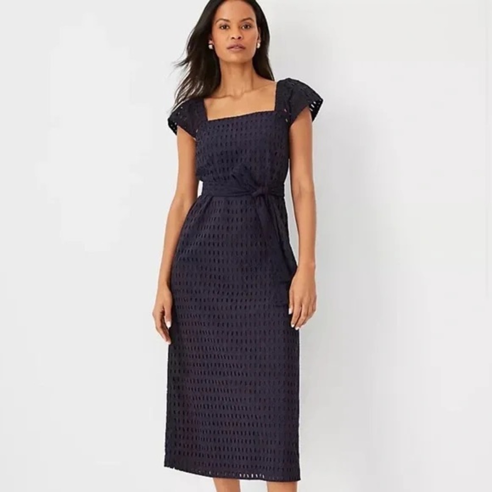Ann Taylor Navy Eyelet Midi Dress